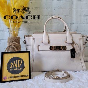 COACH Swagger Carryall Pebbled White Leather Top Handle Bag Gold
